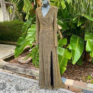 Xscape gold and silver lame gown with front slit
